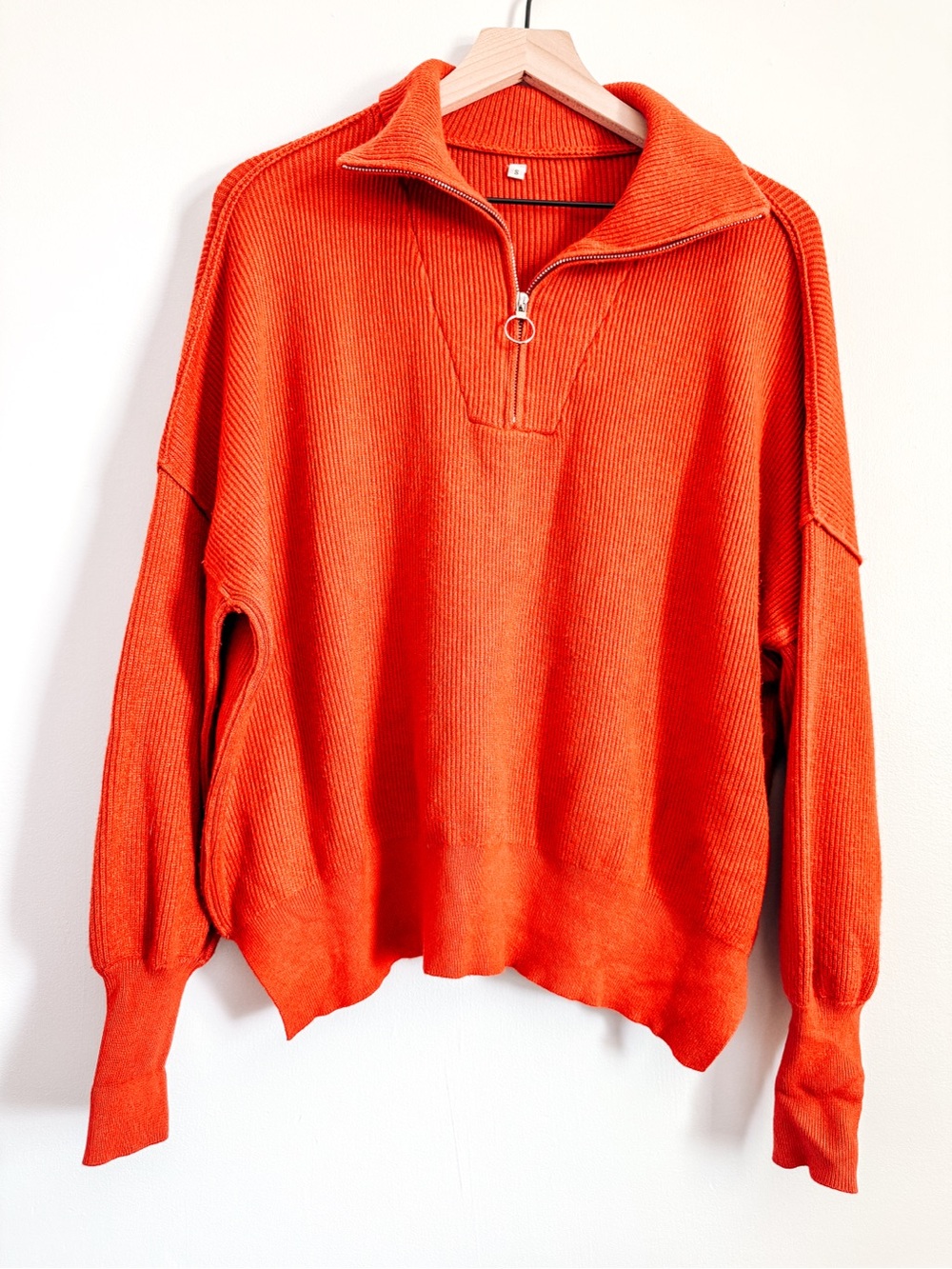 Boutique Red Orange Quarter Zip Sweater Ribbed Knit Pullover Cozy Size S
